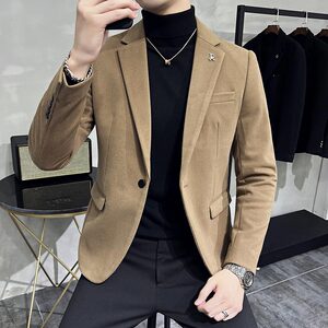 高级感男暗条纹毛呢休闲西服外套妮子西服加厚咖啡色DX6952-P155