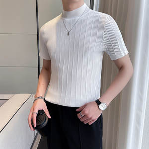 轻熟风~针织短袖半高领T恤男修身内搭上衣毛衣打底衫蓝色MY02-P45图片