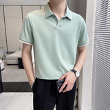 轻熟风~V领拼色翻领T恤男士短袖POLO衫黑色PL05-P55，男装T恤，电商A213