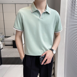 轻熟风~V领拼色翻领T恤男士短袖POLO衫黑色PL05-P55图片