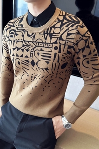 加厚假两件毛衣条纹衬衫领时尚提花针织背心毛衣卡其色M9911-P93图片
