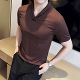 弹力性感V领青果领短袖T恤男高级感冰丝薄款T恤黑色T2413-P53，男装T恤，电商A213