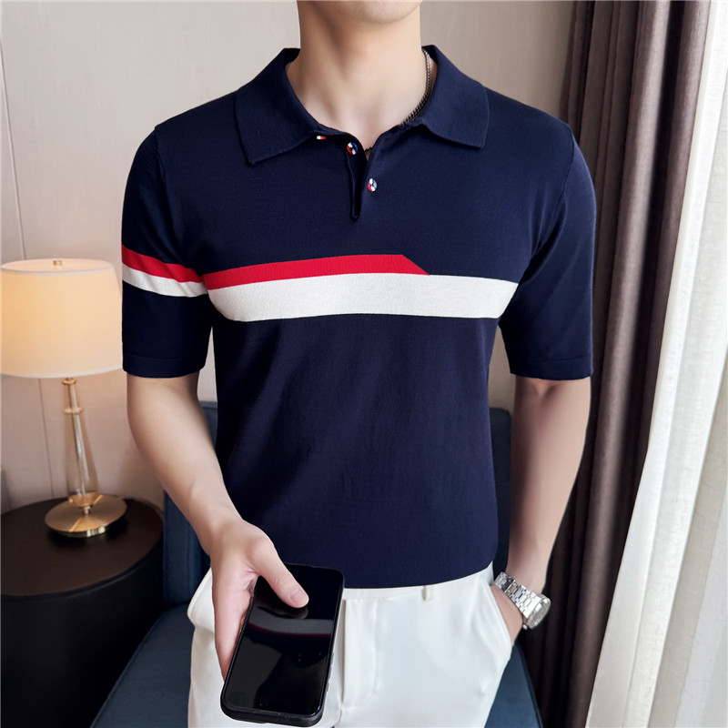 【天丝莱赛尔】个性条纹拼色冰丝针织POLO衫短袖T恤男PL2402-P67,男装Polo衫,电商A213
