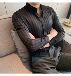 2025春装新款男经典条纹长袖衬衫轻奢质感衬衣修身黑色C6123-P58图片