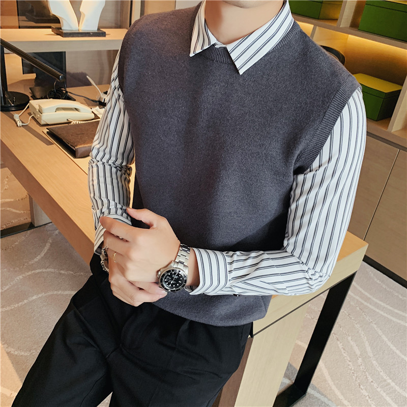 秋冬假两件条纹拼接衬衫领针织背心男士套头毛衣灰色M6801-P88图片