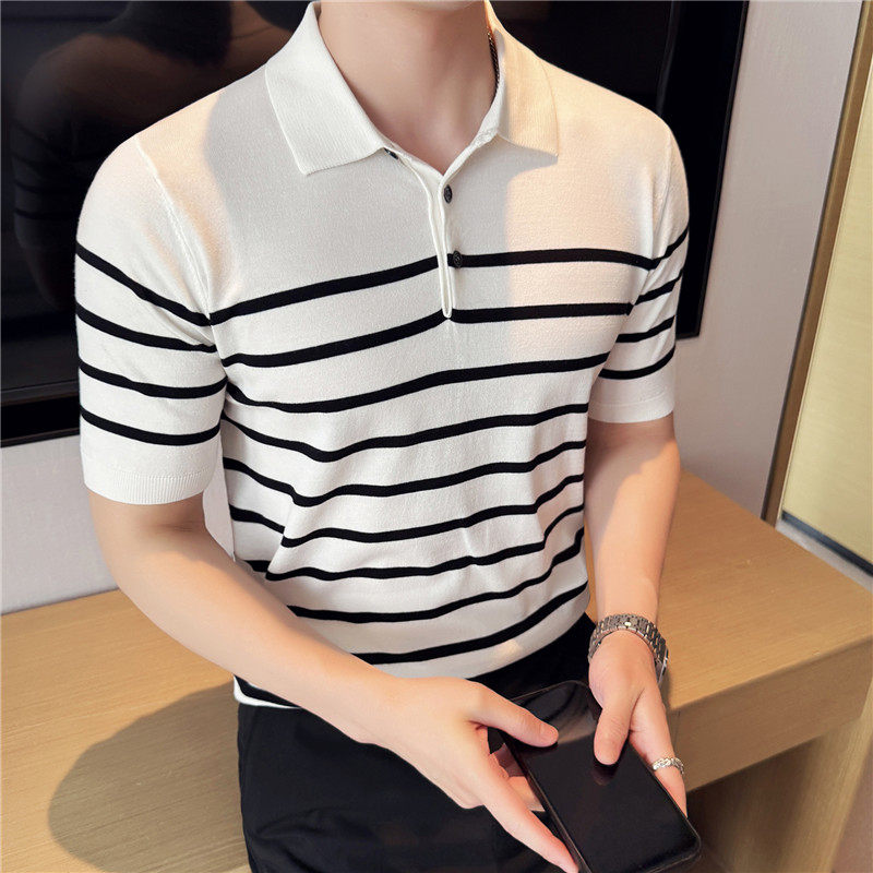 【天丝莱赛尔】条纹撞色冰丝针织POLO衫短袖T恤男黑色PL2401-P67,男装Polo衫,电商A213