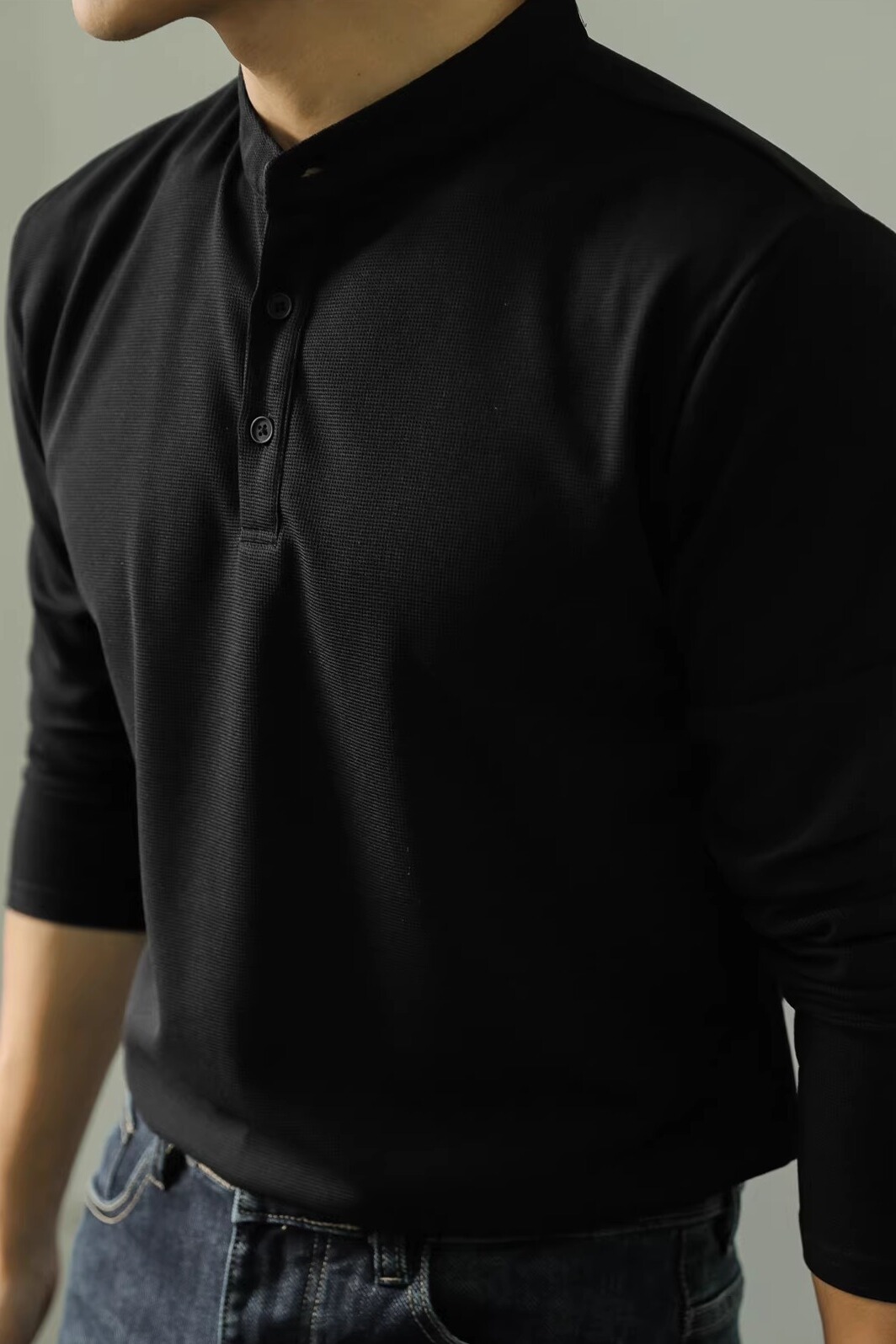 高级感新中式长袖polo衫立领纯色亨利领t恤黑色T8653-P43，男装T恤，电商A213