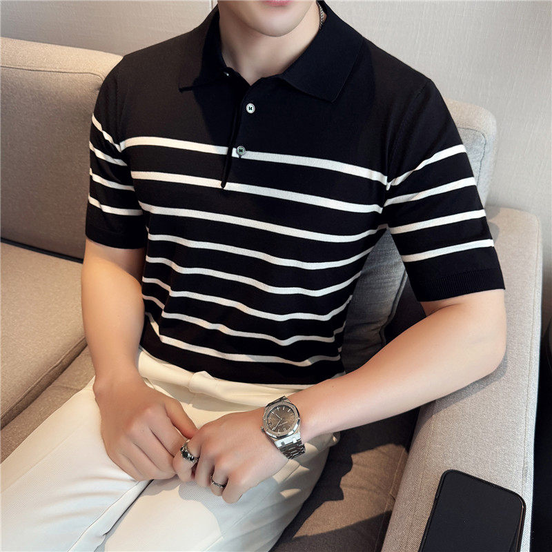 【天丝莱赛尔】条纹撞色冰丝针织POLO衫短袖T恤男黑色PL2401-P67,男装Polo衫,电商A213