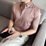 夏季潮男七分半袖衬衫纯色刺绣韩版中袖时尚修身衬衣红色ZC72-P58，男装T恤，电商A213