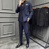 高级感西服套装条纹双排扣戗驳领西装三件套男黑色SJT8013-P275，男装西服套装，电商A213