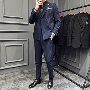 高级感西服套装条纹双排扣戗驳领西装三件套男黑色SJT8013-P275图片