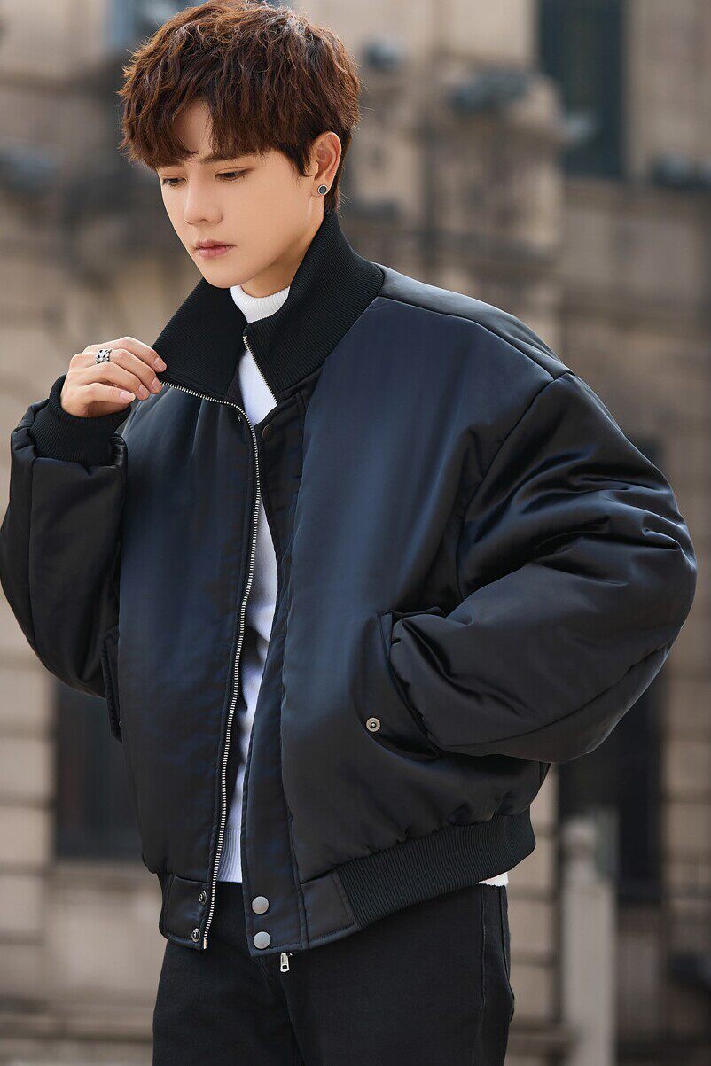 高级感加厚棉衣短款棉服柔软皮质外套立领面包服黑色M21935-P193图片