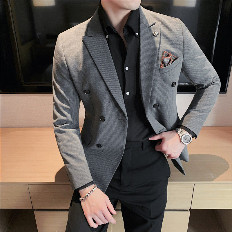 高品质条纹双排扣西装男上衣修身休闲西服外套单西黑色DX112-P155图片