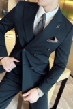 高级感新郎西服套装双排扣戗驳领西装三件套男丛林绿SJT121-P265，男装西服套装，电商A213