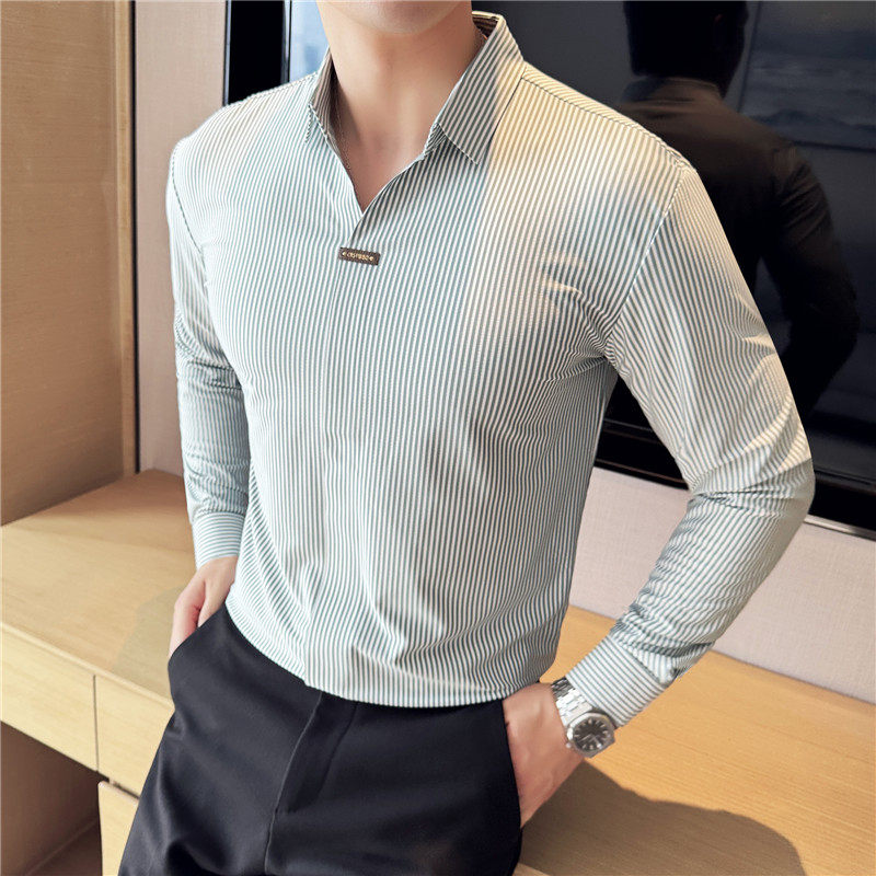 模特图~个性V领长袖POLO衫男条纹高级感弹力无痕翻领T恤T8633-P67图片