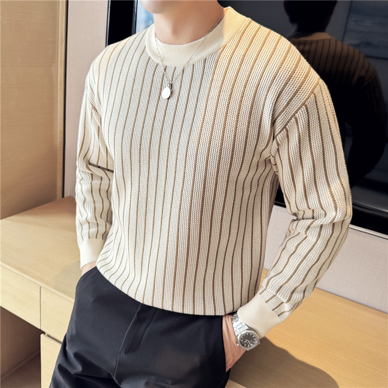 高级感秋冬宽松加厚圆领条纹毛衣外套针织衫男装米杏色M8860-P78,男装针织衫/毛衣,电商A213