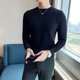 弹力提花编织冬季圆领毛衣男套头修身华夫格针织衫桔色M9342-P57，男装针织衫/毛衣，电商A213