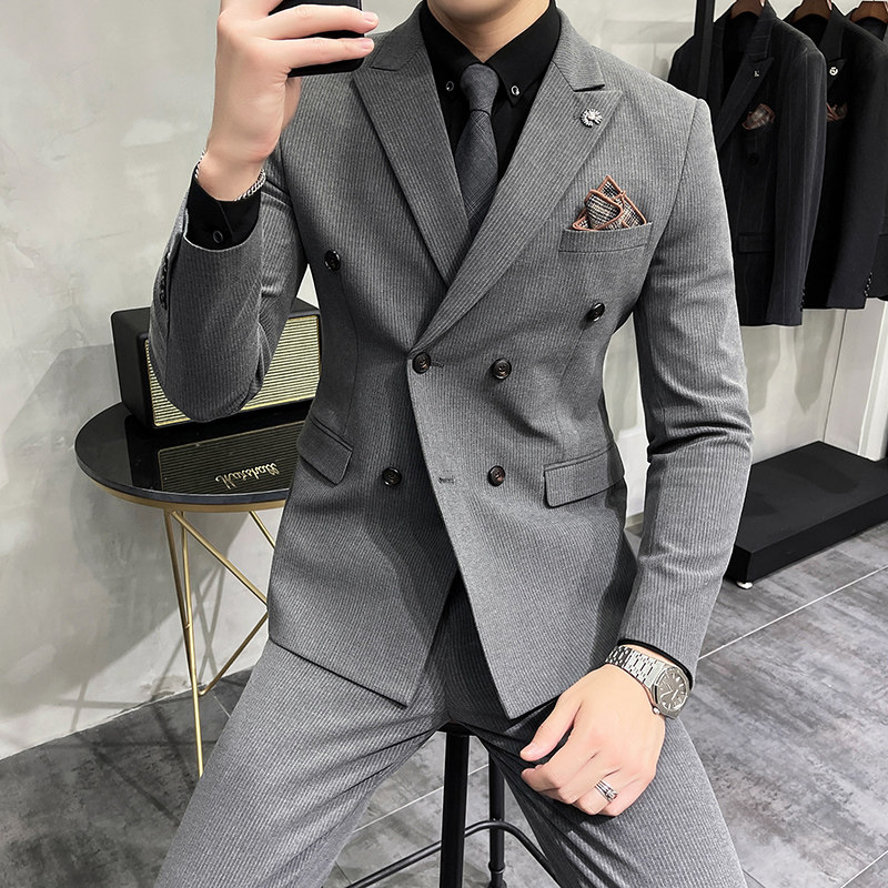 质感条纹西服套装男痞帅修身双排扣正装结婚西装黑色LJT112-P230,男装西服套装,电商A213