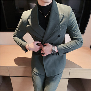 男士双排扣条纹休闲西服套装戗驳领韩式修身西装两件套LJT36-P230图片
