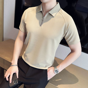 高弹冰丝泡泡面料半拉链白色polo衫男短袖修身翻领t恤PL2502-P58图片