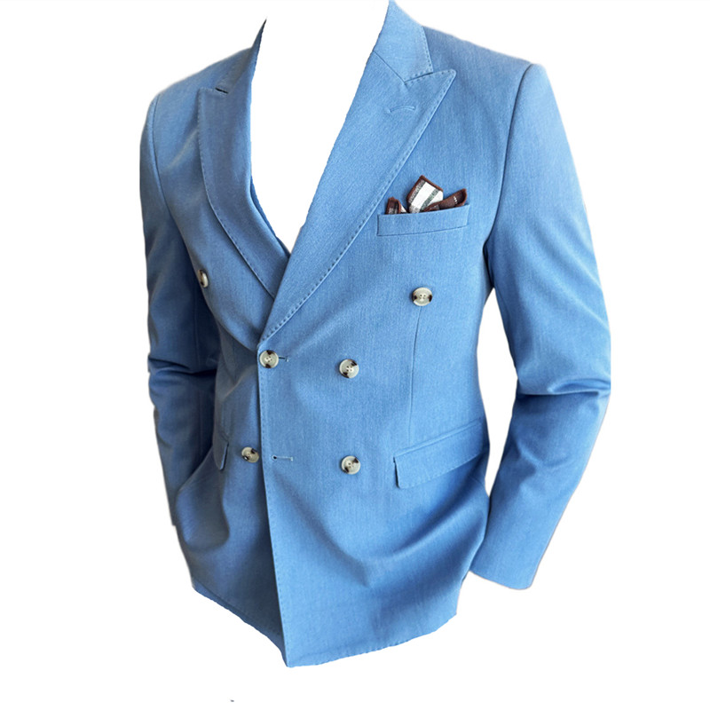高品质西服戗驳领双排扣纯色西装三件套男蓝色SJT8016-P275,男装西服套装,电商A213