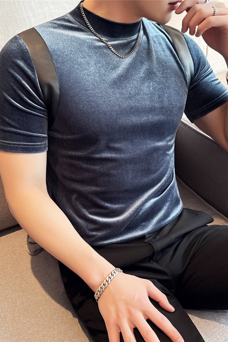 春夏拼皮设计感小高领弹力t恤修身半高领短袖打底衫男DT088-P38特,男装T恤,电商A213