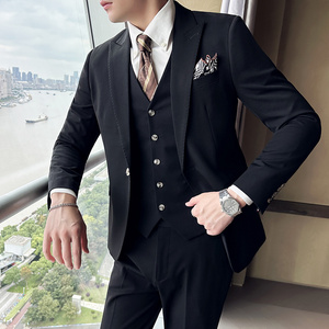 新增黑色~高品质西服戗驳领一粒扣纯色西装三件套男SJT8018-P275图片