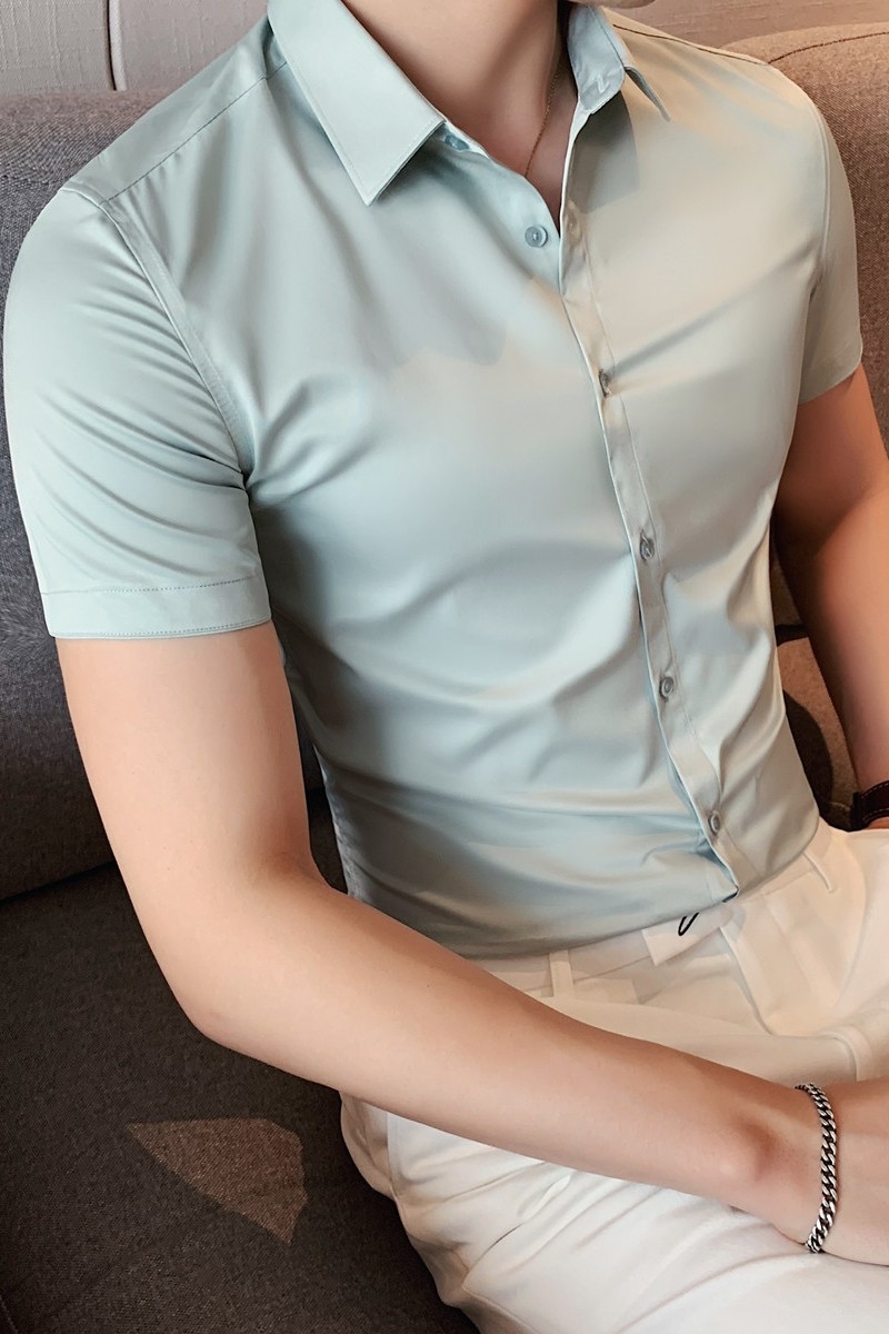 高级感冰丝面料短袖衬衫男修身丝滑免烫商务休闲衬衣薄C5933-P50,男装T恤,电商A213