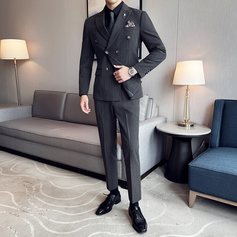 色织高品质西服戗驳领双排扣条纹西装三件套男深灰色SJT8020-P275,男装西服套装,电商A213