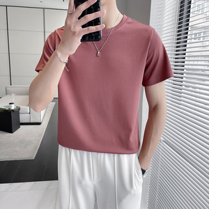 轻熟风~薄款冰丝弹力细条纹修身短袖T恤男弹力圆领打底TH005-P35图片
