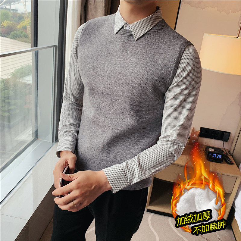 保暖加厚加绒毛衣千鸟格子衬衫领假两件针织毛衣男JR1512-P105图片