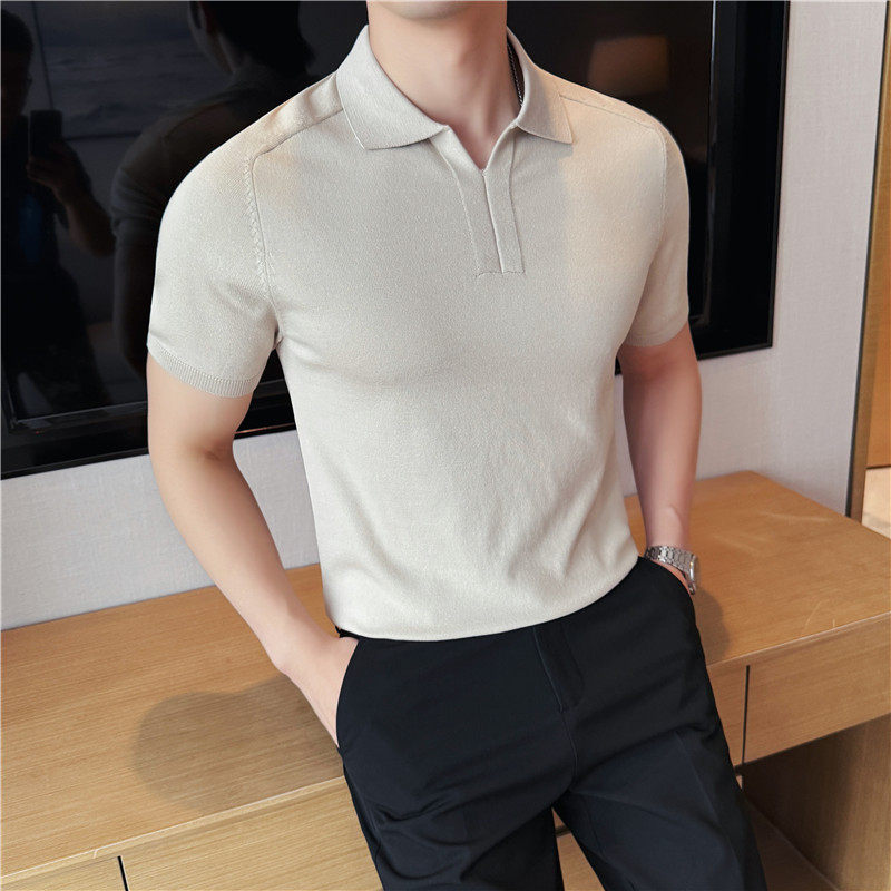 【天丝莱赛尔】老钱风莱赛尔针织V领POLO衫翻领短袖T恤PL931-P63,男装Polo衫,电商A213
