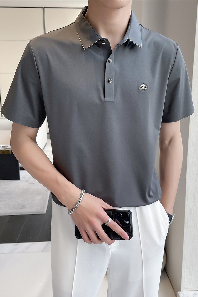 轻熟风~小金边冰丝翻领无痕T恤男士冰感短袖POLO衫灰色PL01-P70,男装T恤,电商A213