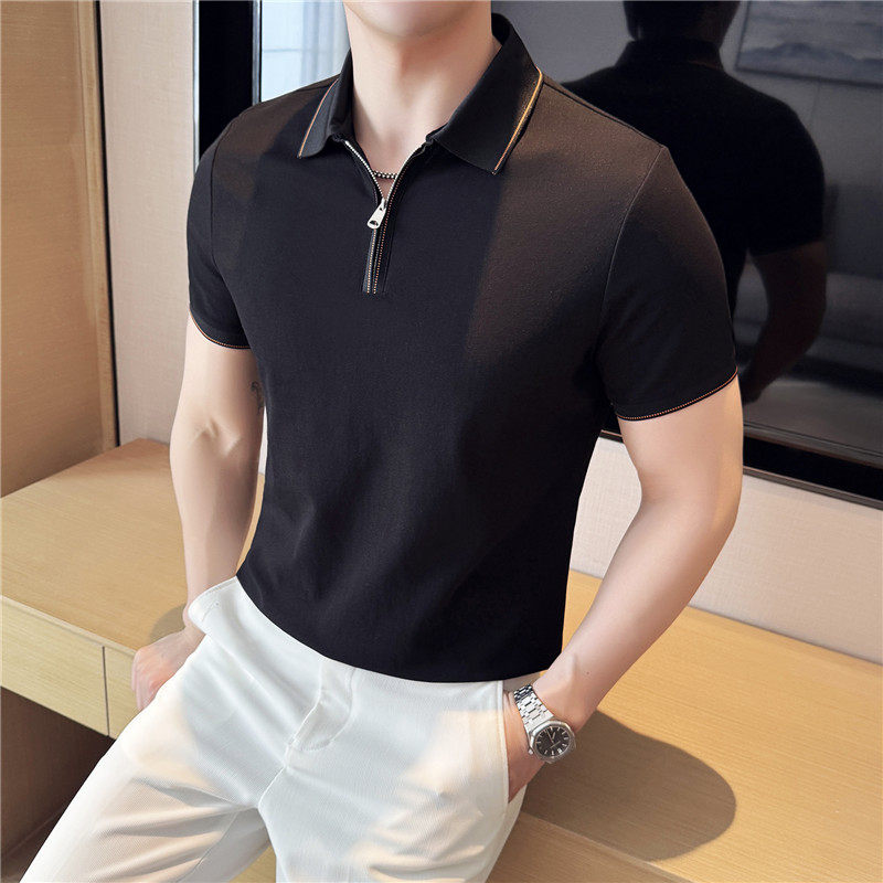 半拉链短袖Polo衫时尚翻领薄款休闲冰丝弹力T恤衫黑色PL2710-P57，男装Polo衫，电商A213