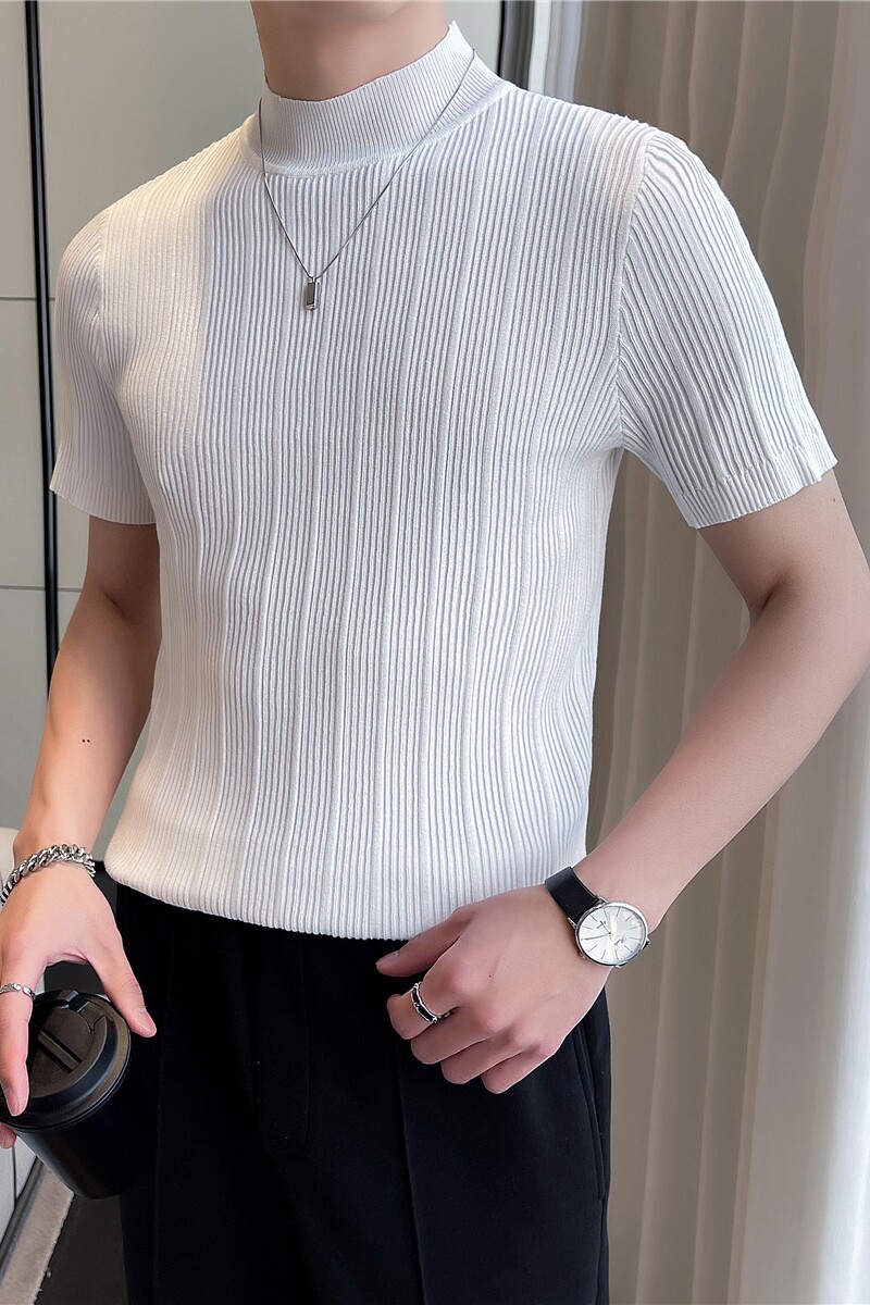 轻熟风~针织短袖半高领T恤男修身内搭上衣毛衣打底衫白色MY02-P45,男装T恤,电商A213