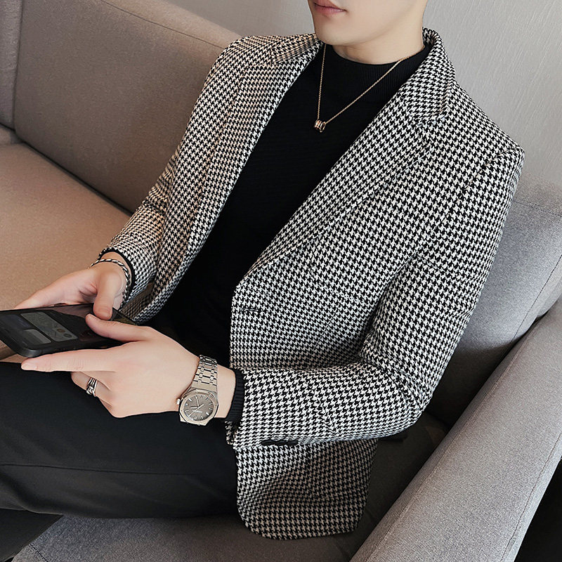 补齐大货~西装外套男潮流修身黑白拼接千鸟格子西服男DX916-P138图片