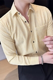 薄款泡泡纱面料免烫条纹休闲长袖衬衫防晒衬衣外套黄色C2307-P63，男装防晒衣，电商A213