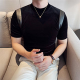 春夏拼皮设计感小高领弹力t恤修身半高领短袖打底衫男DT088-P38特，男装T恤，电商A213