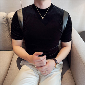 春夏拼皮设计感小高领弹力t恤修身半高领短袖打底衫男DT088-P38特图片