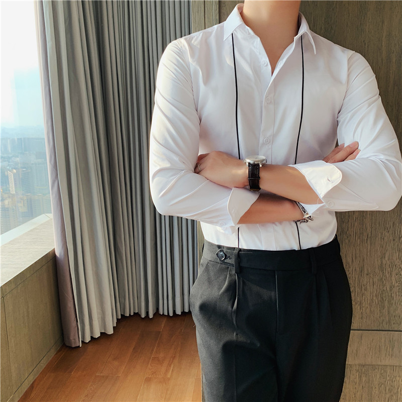 个性线条刺绣男士白衬衫修身西装打底长袖衬衫白色A213/C012/P60,男装T恤,电商A213