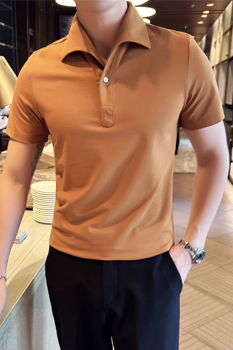 立体一字领休闲polo衫男商务时尚古巴领短袖T恤咖啡色PL2426-P63,男装T恤,电商A213