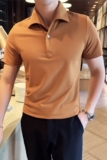 立体一字领休闲polo衫男商务时尚古巴领短袖T恤咖啡色PL2426-P63，男装T恤，电商A213