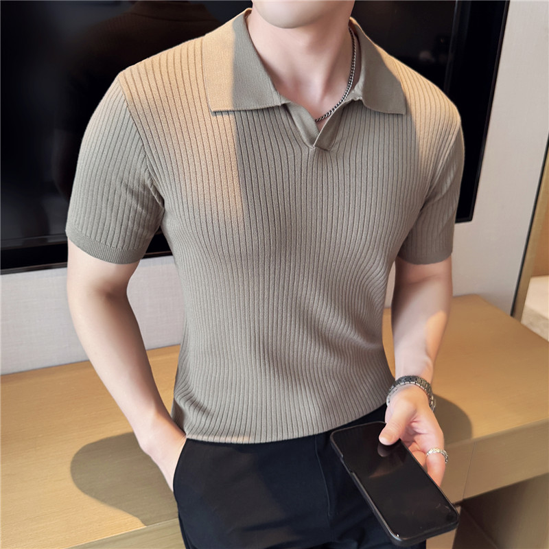 高级感暗条纹V领针织POLO衫男冰丝修身翻领短袖T恤绿色PL2612-P63，男装T恤，电商A213