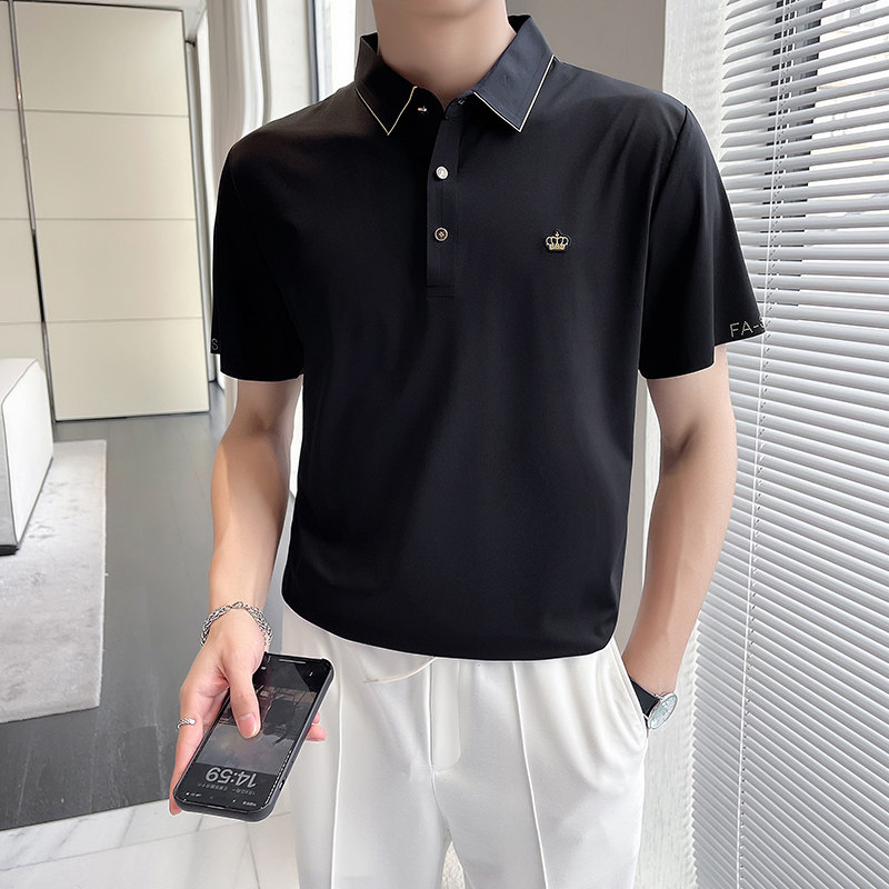 轻熟风~小金边冰丝翻领无痕T恤男士冰感短袖POLO衫灰色PL01-P70,男装T恤,电商A213