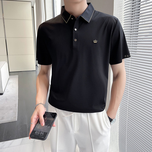 轻熟风~小金边冰丝翻领无痕T恤男士冰感短袖POLO衫灰色PL01-P70