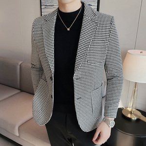 补齐大货~西装外套男潮流修身黑白拼接千鸟格子西服男DX916-P138图片