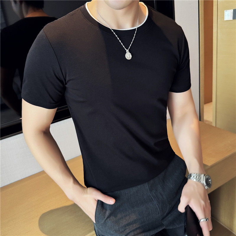 假两件打底衫男士短袖t恤纯棉紧身弹力修身百搭上衣黑色DT18-P37