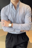 主推网红个性V领衬衫男长袖潮流休闲立领条纹衬衣蓝色C27-P60，男装衬衫，电商A213