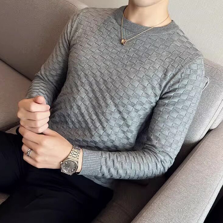 弹力提花编织冬季圆领毛衣男套头修身华夫格针织衫白色M9342-P57图片