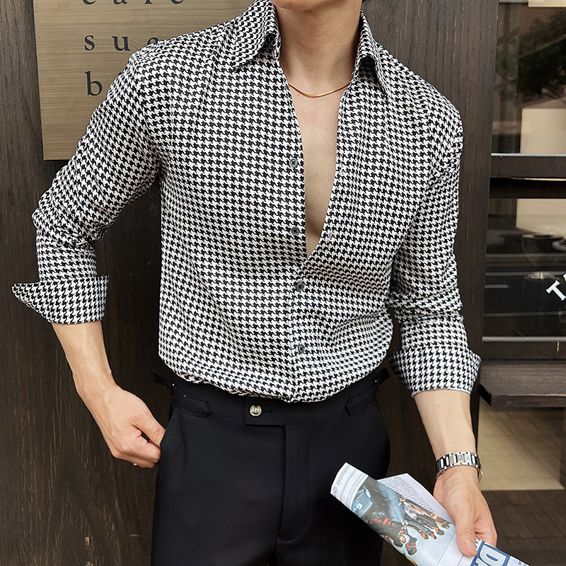 2025春装高级感V领衬衫男长袖花衬衣垂感时尚千鸟格衬衫C2365-P58,男装衬衫,电商A213